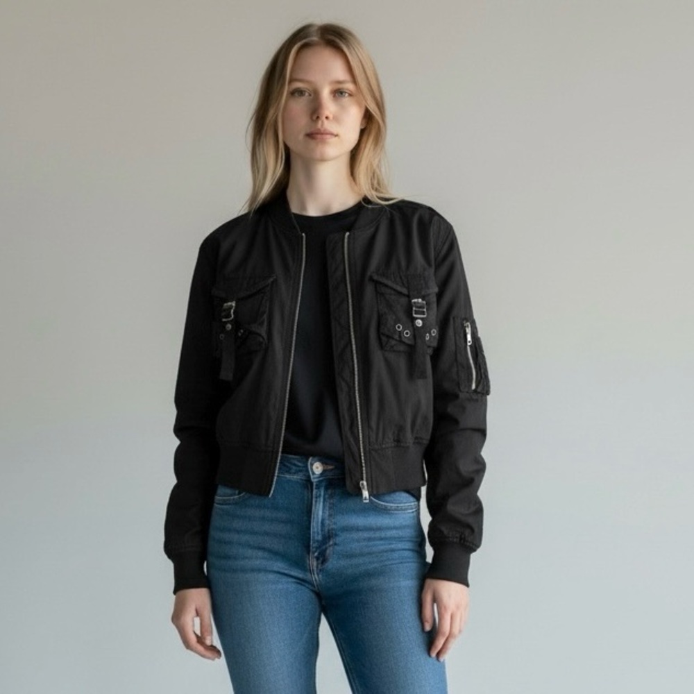 Clash Jeans USA Trendy‎ Cropped Black Bomber Utility Jacket